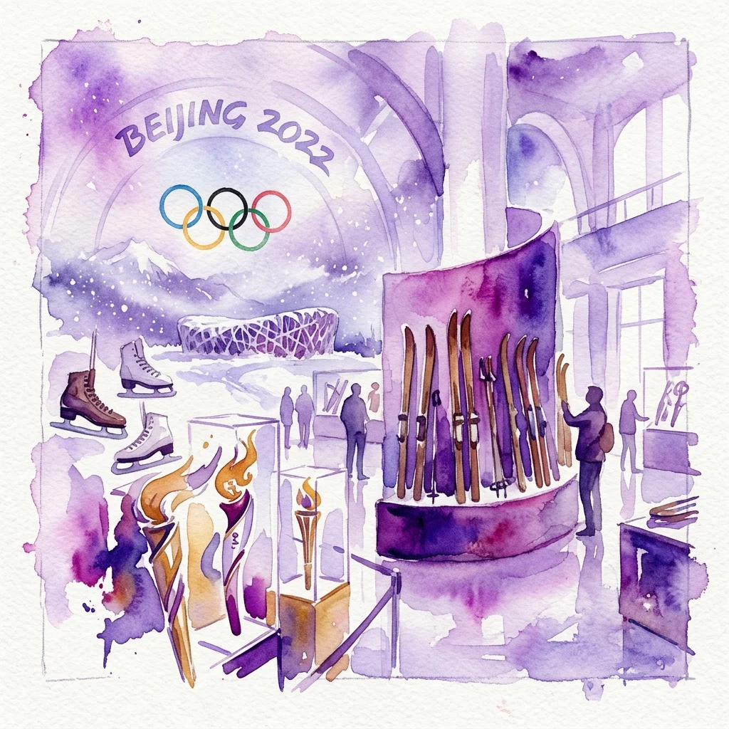 Watercolor illustration of the 'Zima w mieście 2022' exhibition featuring vintage skis, ice skates, Olympic torches, and the Beijing 2022 logo in a museum setting.