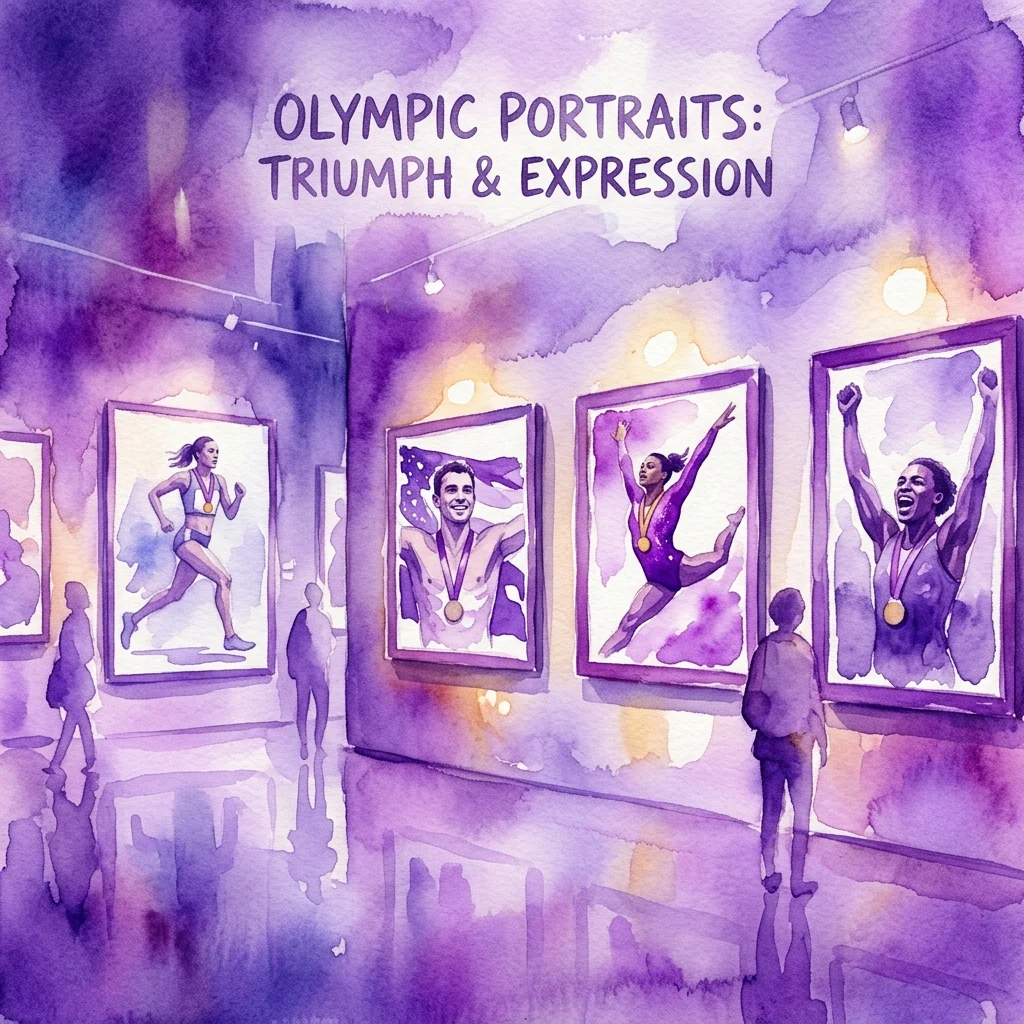 Ilustracja akwarelowa galerii muzealnej przedstawiająca oprawione portrety olimpijczyków świętujących z medalami, pod ciepłymi reflektorami o fioletowo-niebieskiej artystycznej tematyce.