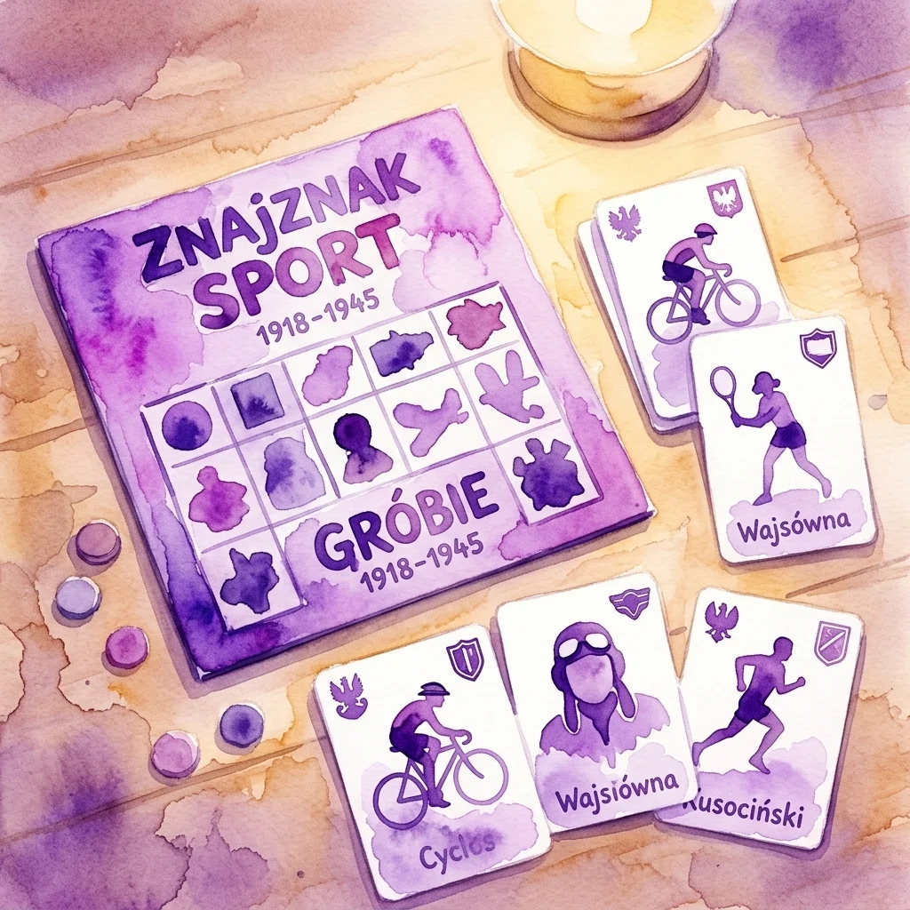 Ilustracja akwarelowa gry planszowej 'ZnajZnak Sport 1918-1945', przedstawiająca karty z historycznymi polskimi postaciami sportowymi i symbolami, wyłożona na drewnianym stole w ciepłym oświetleniu.