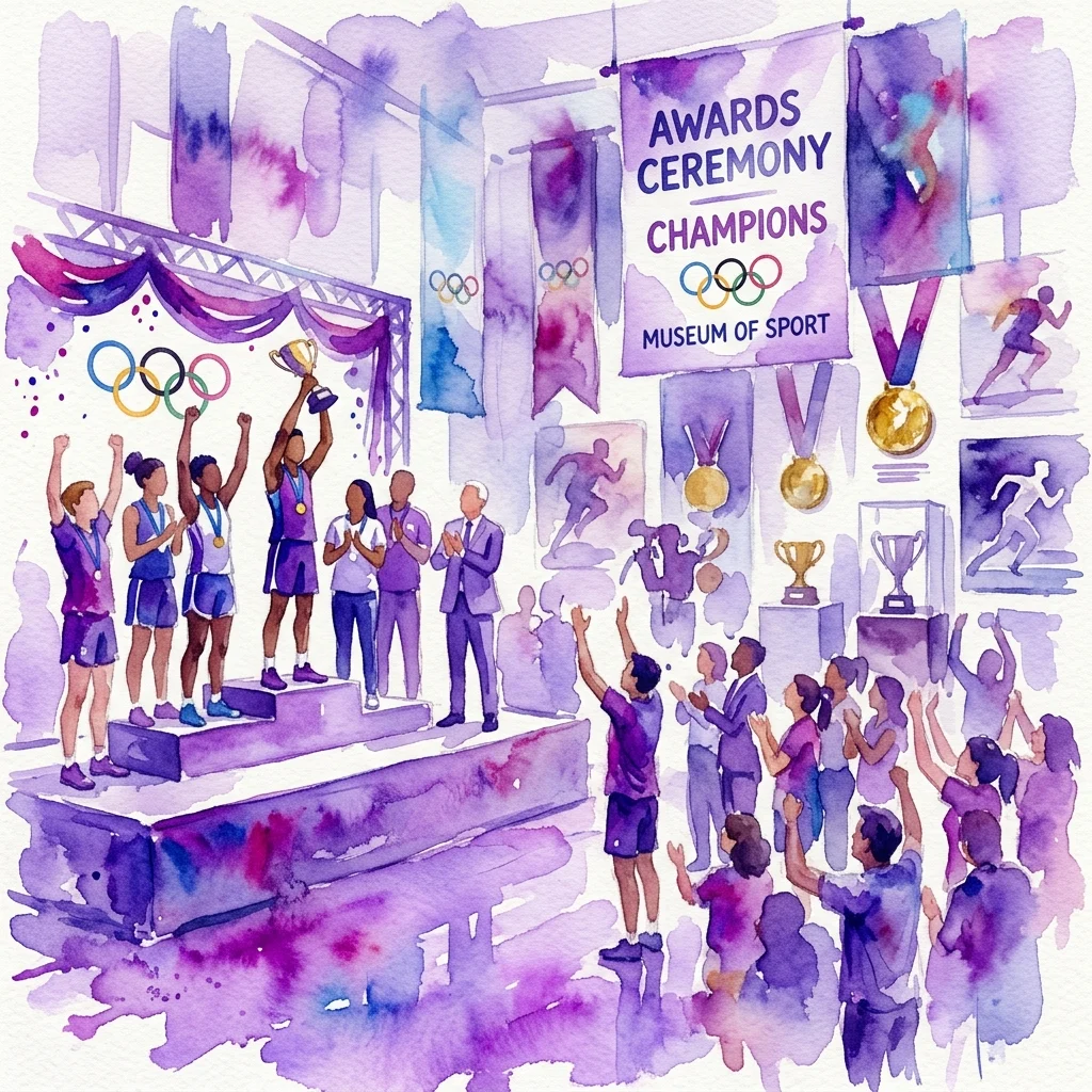 Watercolor illustration of the Żoliborska Gala Sportu Szkolnego 2017/2018 awards ceremony at the Museum of Sport, featuring young athletes on a podium celebrating with medals and trophies, surrounded by Olympic memorabilia.