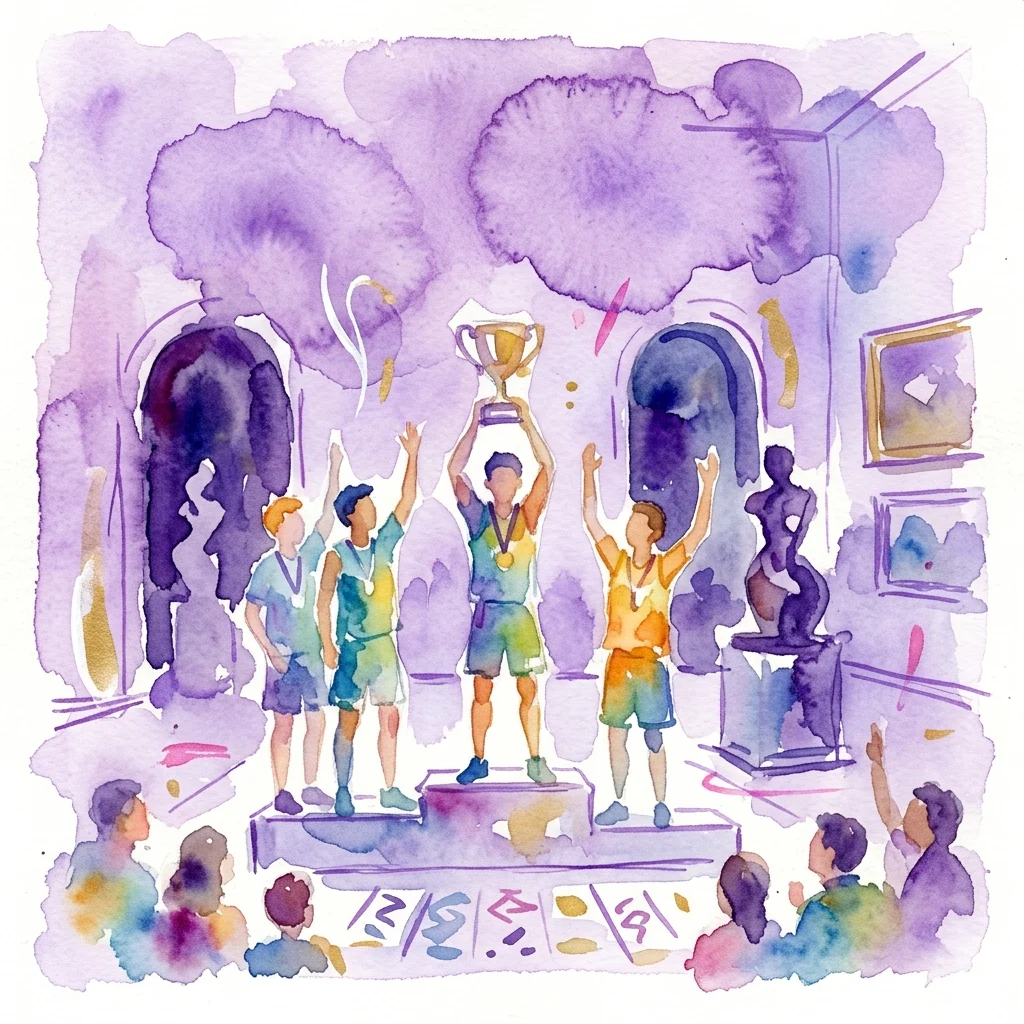 Ilustración en acuarela de jóvenes atletas celebrando en un podio en el Żoliborska Gala Sportu Szkolnego 2018/2019, con un atleta sosteniendo un trofeo en alto en un entorno de museo.