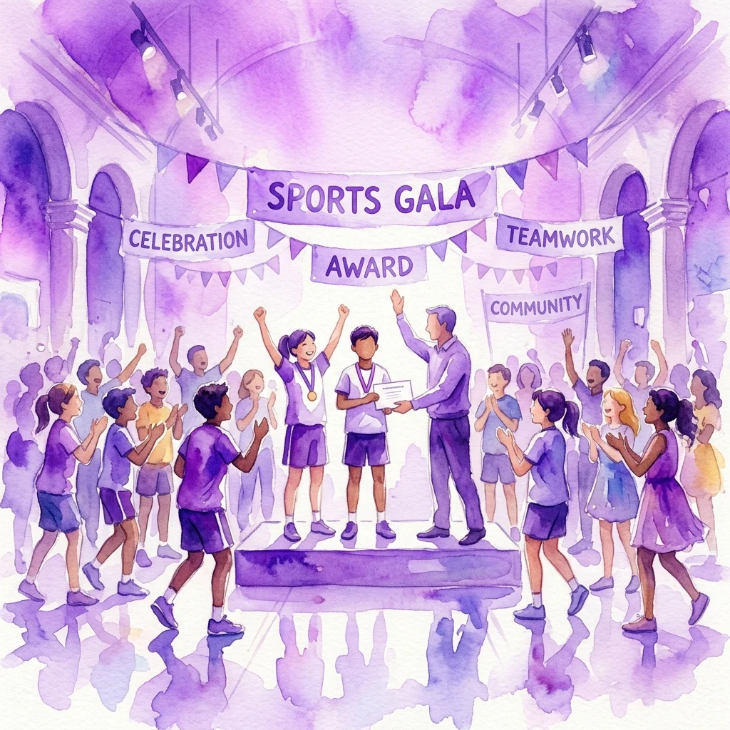 Students receiving awards on stage at the Żoliborska Gala Sportu Szkolnego 2022/2023, a school sports celebration event with banners promoting teamwork, community, and achievement.