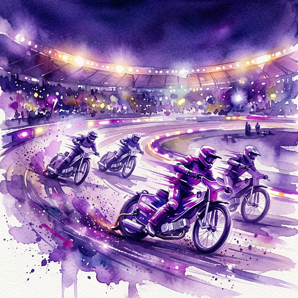 Een levendige aquarelillustratie van speedway-motorracers die 's nachts in een stadion strijden, die de energie van het Żużlowa Noc Muzeów 2023-evenement vastlegt.