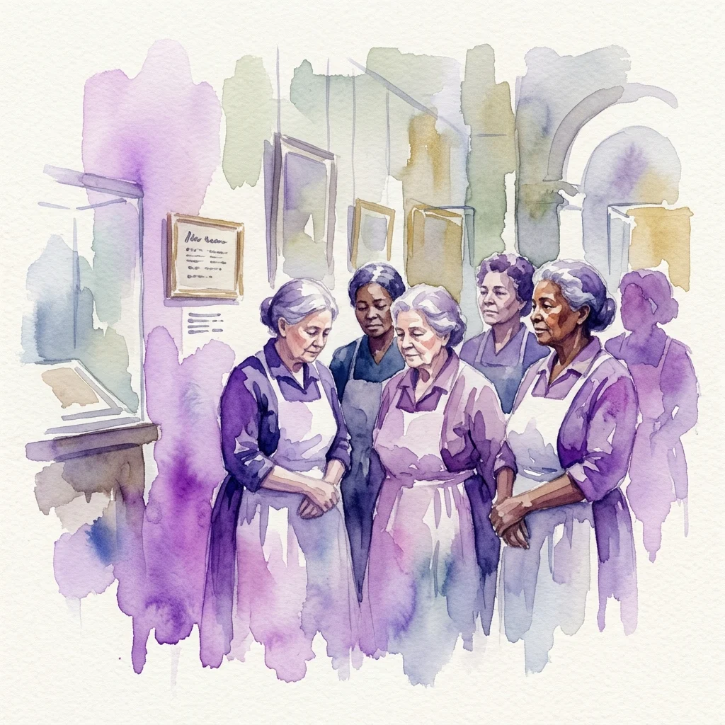 Ilustracja akwarelowa kobiet w fartuchach, przedstawiających pracownice domowe, prezentowana w galerii muzealnej z historycznymi artefaktami i tabliczką z napisem 'New Room'.