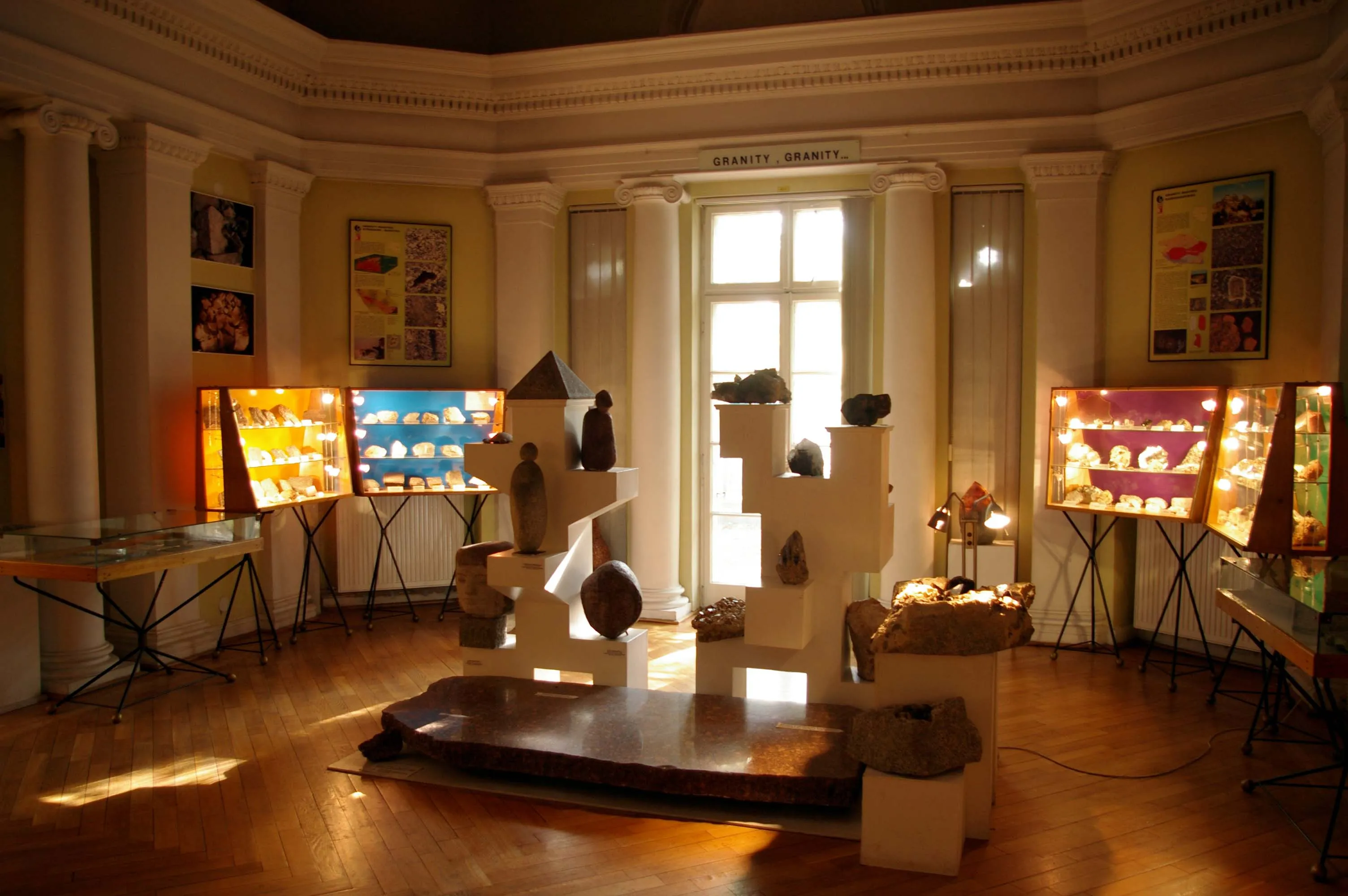 Espacio de exposición interior con vitrinas iluminadas y una disposición central de especímenes geológicos sobre soportes blancos.