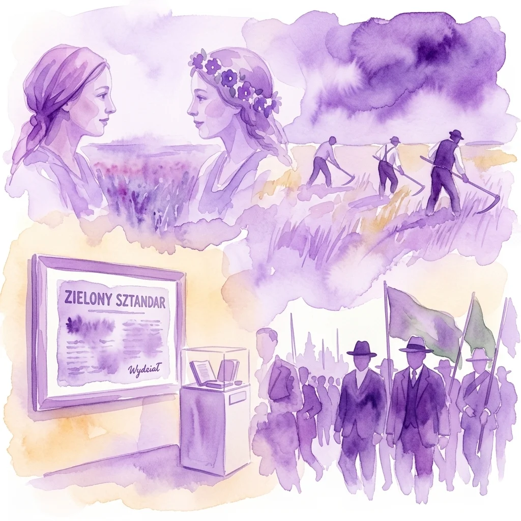 Ilustracja akwarelowa wystawy muzealnej poświęconej 130 latom polskiego ruchu ludowego, zawierająca archiwalne zdjęcia, dokumenty oraz sceny z życia wiejskiego i działalności politycznej.