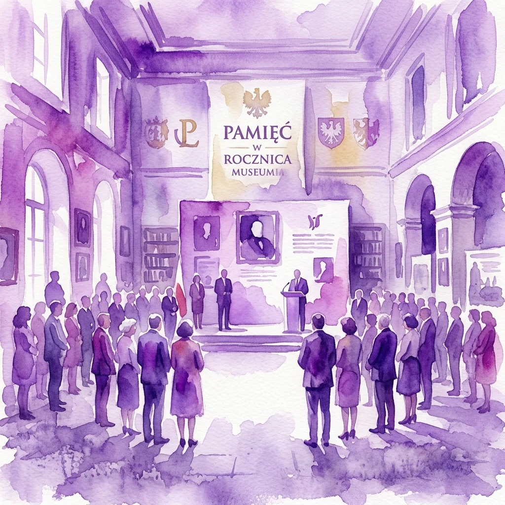 Ilustracja akwarelowa wydarzenia upamiętniającego w Muzeum Niepodległości, przedstawiająca mówcę przy podium z transparentem z napisem 'PAMIĘĆ W ROCZNICA MUSEUMIA' i zgromadzoną publiczność w wielkiej sali.