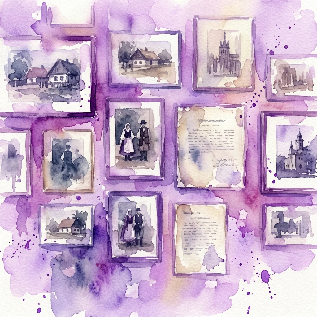 Una ilustración en acuarela de una exposición de museo que presenta fotografías y documentos históricos en blanco y negro de la Polonia de principios del siglo XX, mostrando la vida y la arquitectura de las aldeas en la región de Gniew.