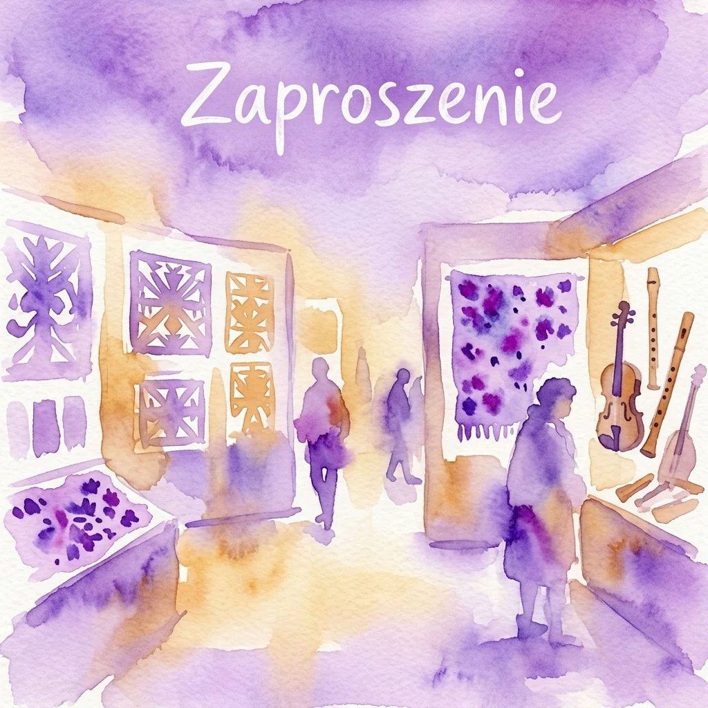 Ilustracja akwarelowa galerii muzealnej z odwiedzającymi oglądającymi tradycyjną polską sztukę ludową, w tym hafty, wycinanki i instrumenty muzyczne, pod tytułem „Zaproszenie”.