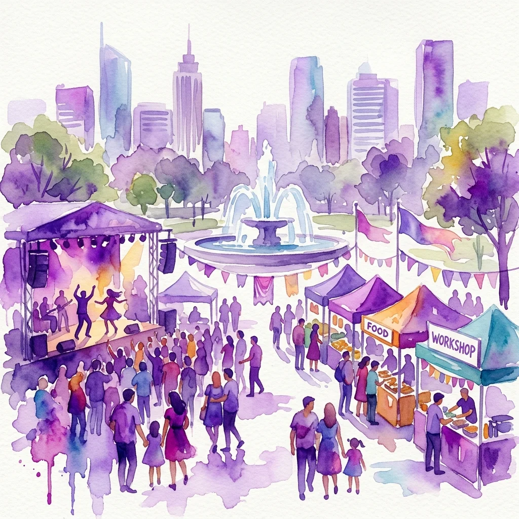 Ilustracja akwarelowa III Festiwalu Kultury Mazowsza, przedstawiająca tętniący życiem festiwal plenerowy ze sceną, stoiskami z jedzeniem, warsztatami i centralną fontanną w miejskim parku.