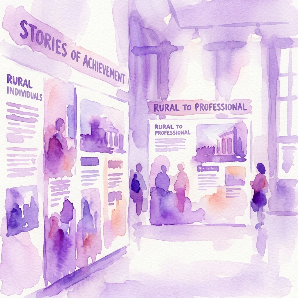 Ilustración en acuarela de una exposición de museo titulada 'Kariery chłopskich synów' (Carreras de Hijos de Campesinos), con paneles sobre los logros de personas del campo y su viaje de la vida rural a la profesional.
