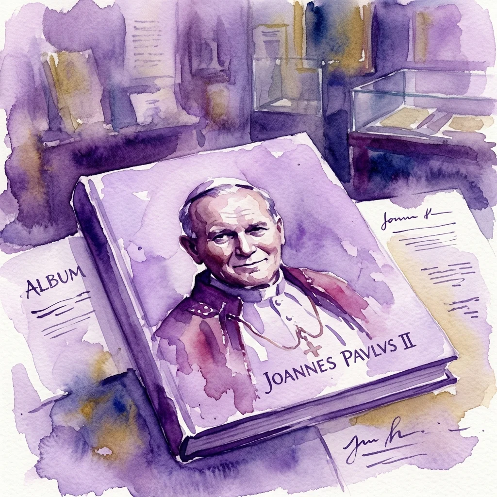 Ilustracja akwarelowa albumu fotograficznego zatytułowanego 'Joannes Paulus II' przedstawiającego portret Jana Pawła II, eksponowanego wśród dokumentów historycznych w galerii muzealnej.