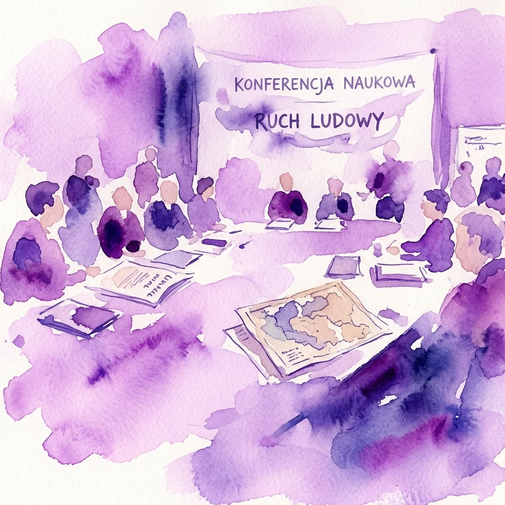 Ilustracja akwarelowa konferencji naukowej poświęconej Ruchowi Ludowemu w regionie Kieleckim, przedstawiająca uczestników przy stole z dokumentami i mapą, pod banerem z napisem 'Konferencja Naukowa Ruch Ludowy' w odcieniach fioletu.