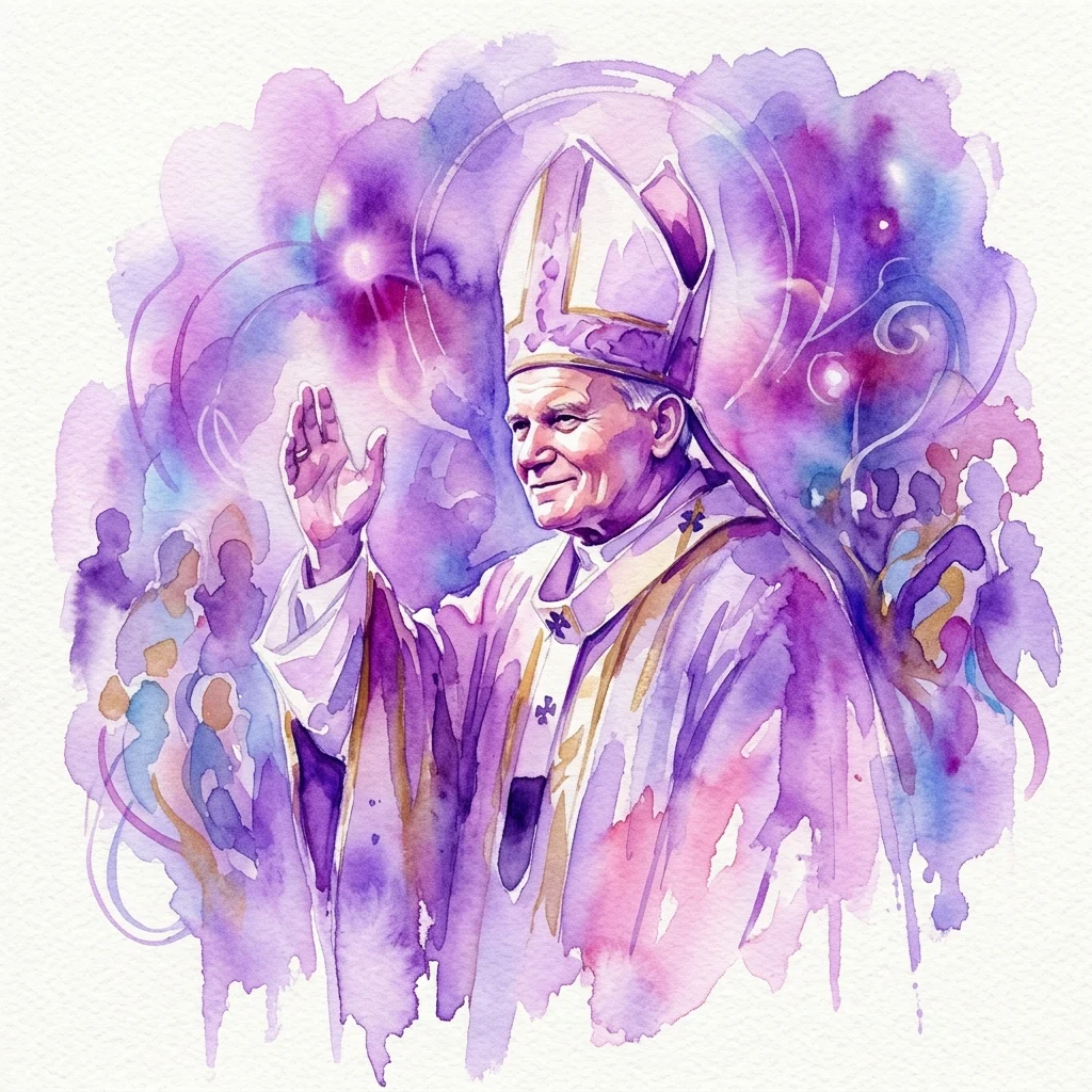 Akwarelowa grafika przedstawiająca Papieża Jana Pawła II w szatach papieskich, unoszącego dłoń w geście błogosławieństwa, otoczonego fioletowymi i niebieskimi abstrakcyjnymi wirami oraz sylwetkami ludzi.