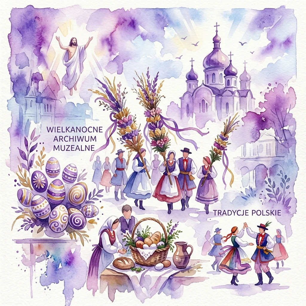 Ilustracja akwarelowa przedstawiająca motywy wielkanocne z elementami religijnymi i kulturowymi: Wniebowstąpienie Jezusa Chrystusa, tradycyjne polskie pisanki, ludzie w strojach ludowych niosący ozdobione gałęzie, kościół i uroczysty stół z chlebem i jajkami.