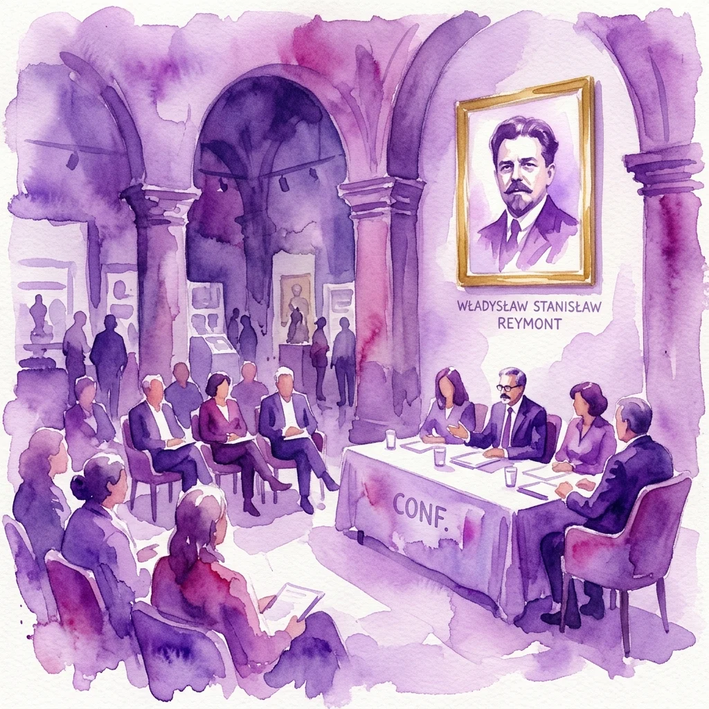 Ilustracja akwarelowa konferencji w zabytkowej sali muzealnej, z portretem Władysława Stanisława Reymonta wywieszonym na ścianie, upamiętniającym stulecie jego śmierci.