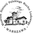Logo w kształcie koła z napisem 'Muzeum Historii Polskiego Ruchu Ludowego' i 'WARSZAWA' otaczającym rysunek linii przedstawiający budynek z wieżą i drzewami.