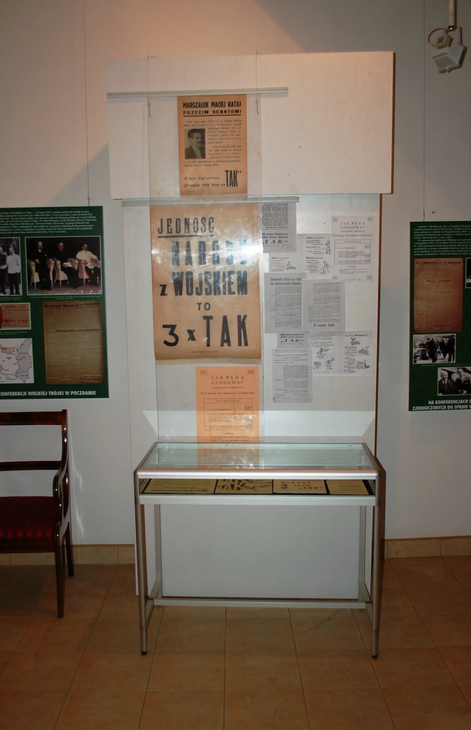 Tentoonstellingsvitrine met historische posters en documenten in een museumgalerij