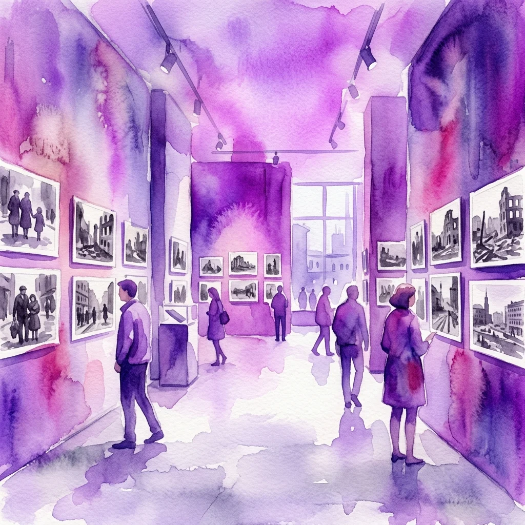 Ilustracja akwarelowa galerii muzealnej z odwiedzającymi oglądającymi zabytkowe fotografie na ścianach, przedstawiające miejskie sceny z Warszawy z lat 30. XX wieku i okresu powojennego.