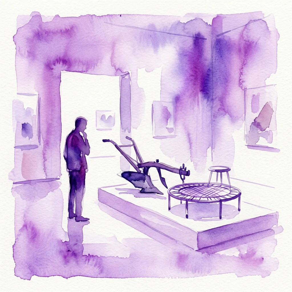 A watercolor illustration of an exhibition space with a figure contemplating a plow and a trampoline on a platform, representing the theme of rural heritage in an urban setting.