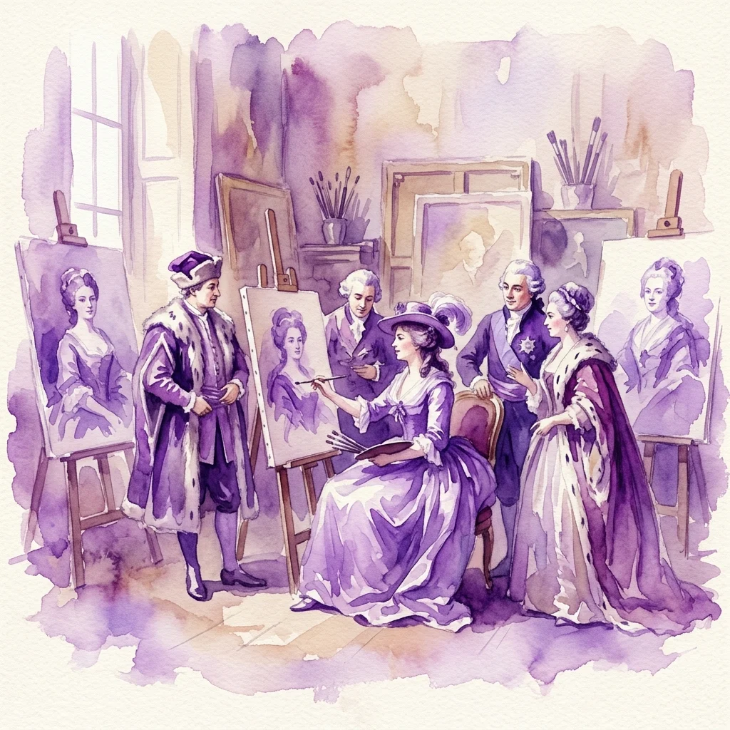 Ilustracja akwarelowa przedstawiająca Élisabeth Vigée Le Brun malującą portret w swojej pracowni, otoczoną polską arystokracją i ich portretami, odzwierciedlająca jej artystyczne powiązania z Polską.