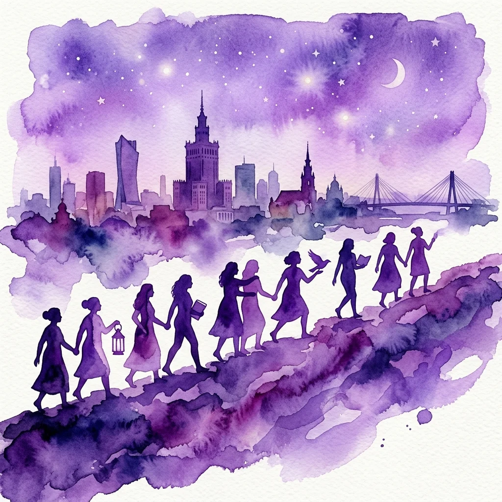 Waterverfillustratie van silhouetten van vrouwen die langs een pad lopen onder een sterrenhemel in paars, met de skyline van Warschau inclusief het Paleis van Cultuur en Wetenschap op de achtergrond.