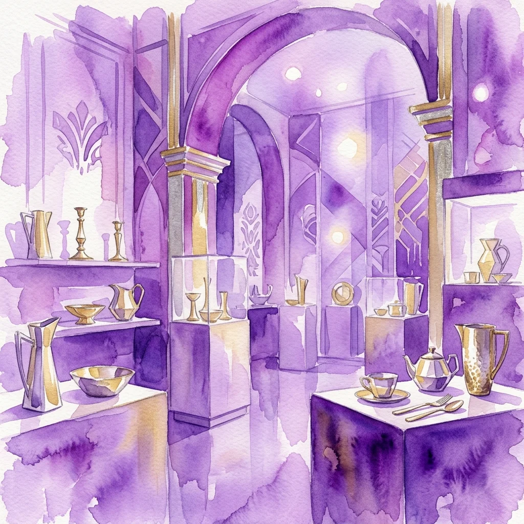 Art deco gallery interior with purple and gold tones, showcasing silver and gold-plated tableware and decorative objects by Julia Keilowa, highlighting her sculptural designs from the interwar period.