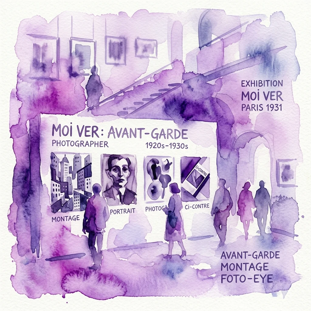 Watercolor illustration of the Moi Ver exhibition at the Museum of Warsaw, showcasing avant-garde photography from the 1920s-1930s with silhouettes of visitors and artistic elements like montages and portraits.