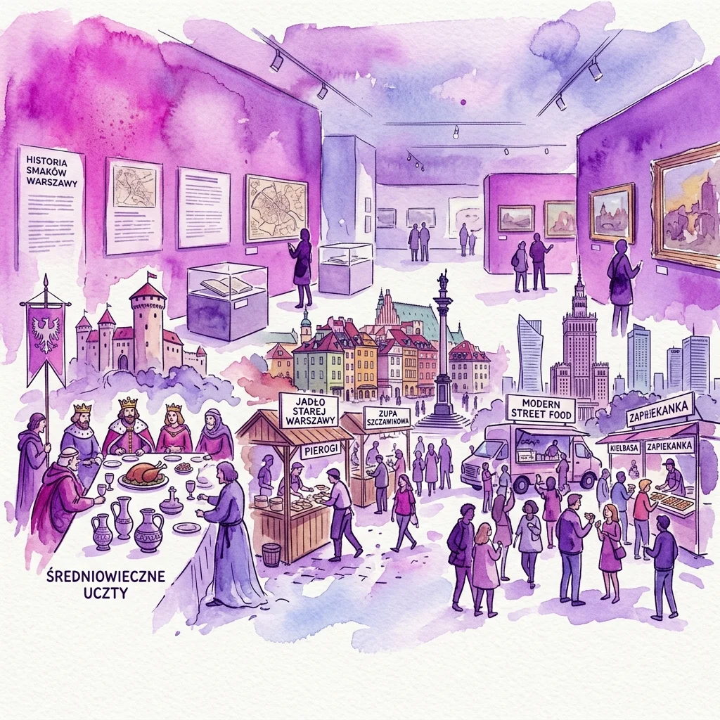 Een levendige aquarelillustratie van de tentoonstelling 'Na miejscu i na wynos. Kuchnia warszawska', die de culinaire geschiedenis van Warschau laat zien, van middeleeuwse feesten tot modern streetfood, met vitrines, informatieve panelen en een achtergrond van de stadsgezichten.