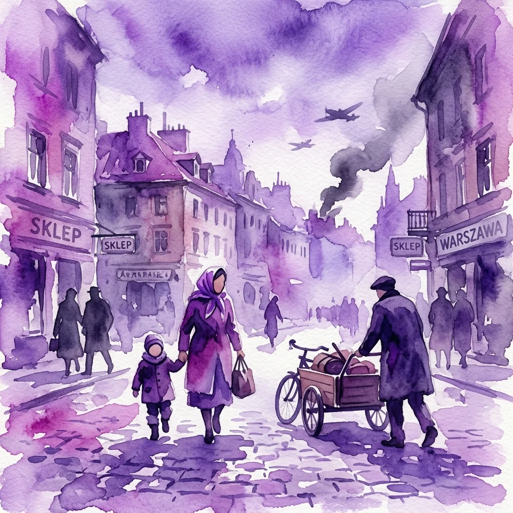 Ilustracja akwarelowa warszawskiej ulicy we wrześniu 1939 roku, przedstawiająca cywilów, w tym kobietę z dzieckiem i mężczyznę z wózkiem, pod fioletowym niebem z samolotami bojowymi i dymem, oddająca atmosferę miasta podczas wybuchu II wojny światowej.