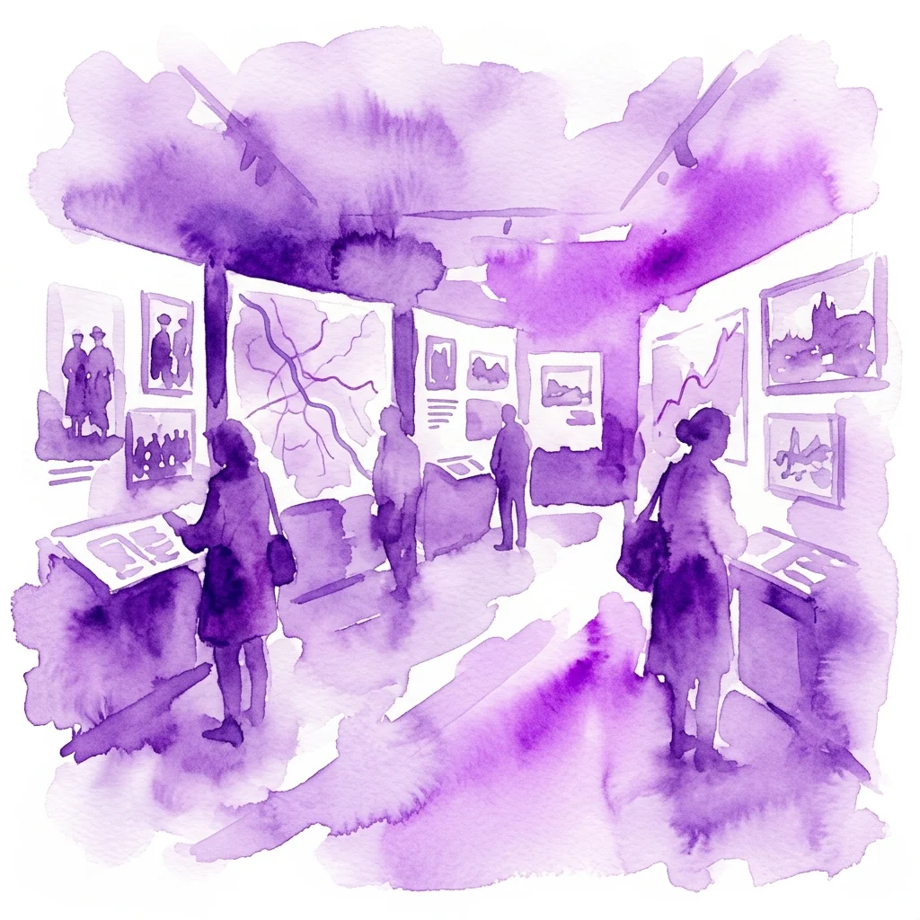 A purple watercolor illustration of visitors viewing an exhibition on Warsaw's return to capital status during World War I, featuring period photographs, maps, and artwork.
