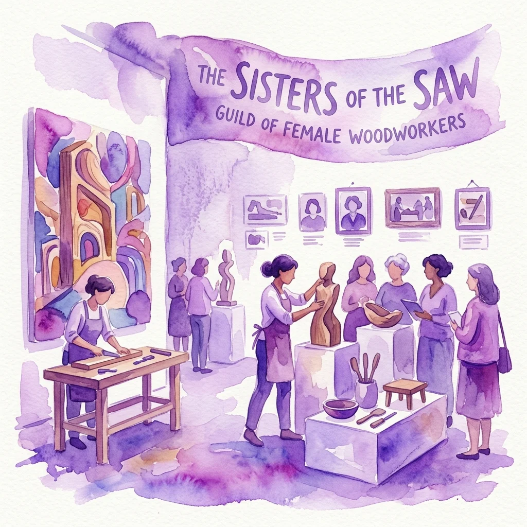 Ilustracja wystawy 'The Sisters of the Saw' Olgi Micińskiej, przedstawiająca kobiety w warsztacie z rzeźbami, narzędziami i banerem fikcyjnego cechu żeńskich drwalarów.