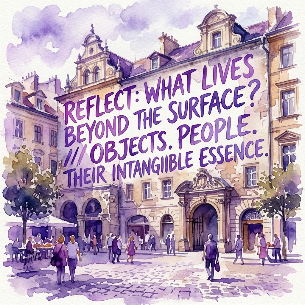 Watercolor illustration of a historic building facade with large purple text reading 'REFLECT: WHAT LIVES BEYOND THE SURFACE? // OBJECTS. PEOPLE. THEIR INTANGIBLE ESSENCE.', depicting an outdoor art intervention by Jadwiga Sawicka.