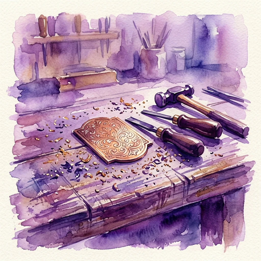 Una ilustración en acuarela de un taller de grabado en bronce vintage con herramientas, una placa de metal decorada y virutas esparcidas sobre un banco de trabajo de madera.