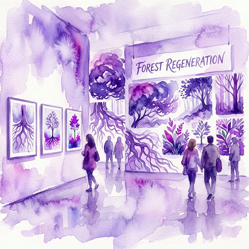 Ilustracja akwarelowa wystawy w galerii zatytułowanej 'Forest Regeneration', przedstawiająca zdjęcia drzew, korzeni i liści, z odwiedzającymi obserwującymi dzieła sztuki.