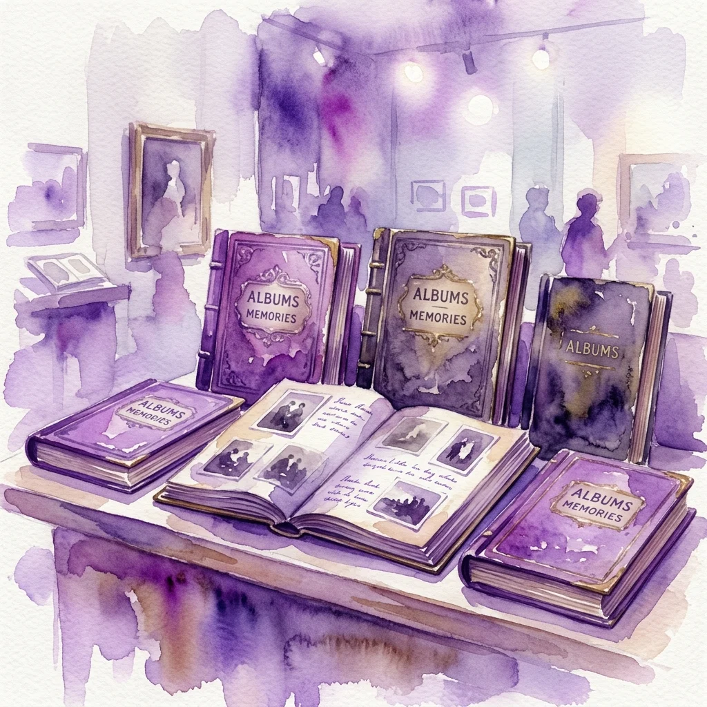 Ilustracja akwarelowa zabytkowych albumów ze zdjęciami zatytułowanych 'Albums Memories', prezentowanych w galerii muzealnej. Niektóre są otwarte, ukazując stare fotografie i odręczne notatki, co wywołuje nostalgię.