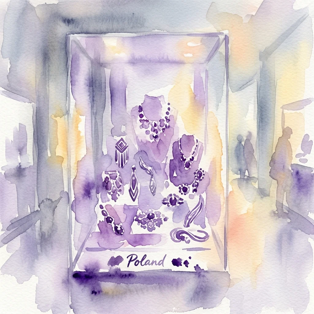 Waterverfillustratie van een museumvitrine met Poolse sieraden uit het midden van de 20e eeuw van Spółdzielnia ORNO, met art deco invloeden, onder zachte verlichting.