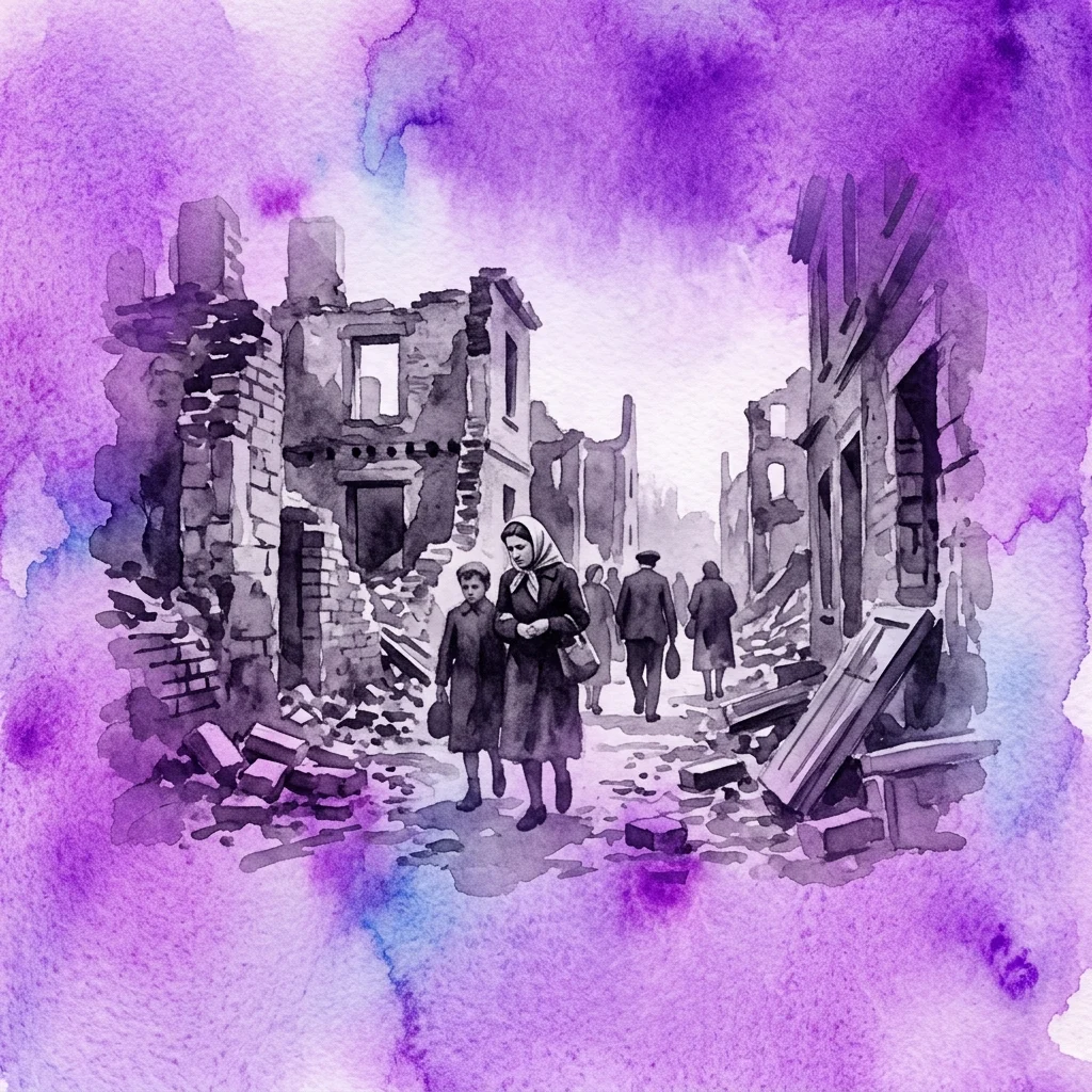 A watercolor illustration depicting a woman and child walking through the rubble of destroyed buildings, evoking the Warsaw Uprising. The scene is rendered in black and white with a purple watercolor wash, capturing the somber mood of post-war devastation.