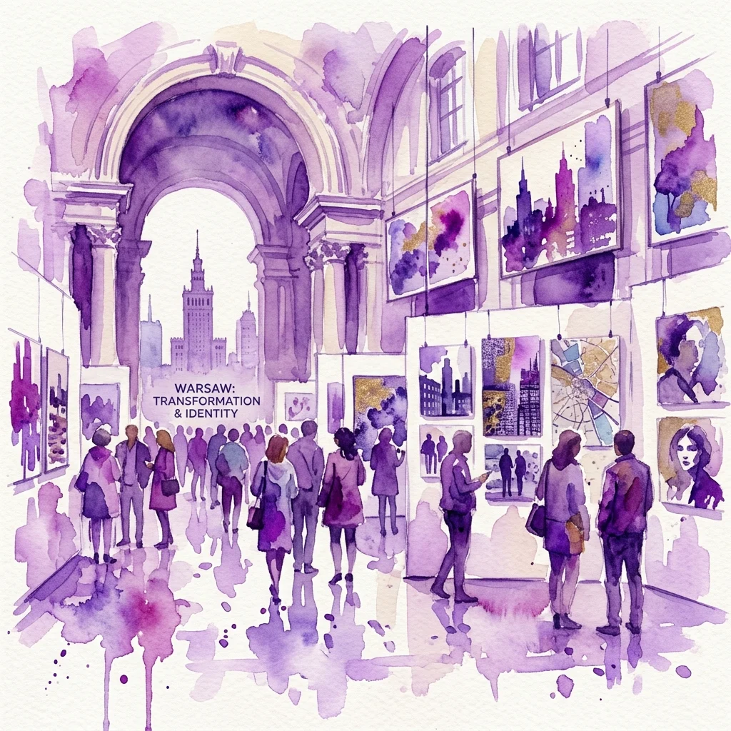Waterverfillustratie van een kunstexpositie in het Museum van Warschau, met hedendaagse kunstwerken die worden tentoongesteld en bezoekers die de stukken bekijken onder booggewelven.