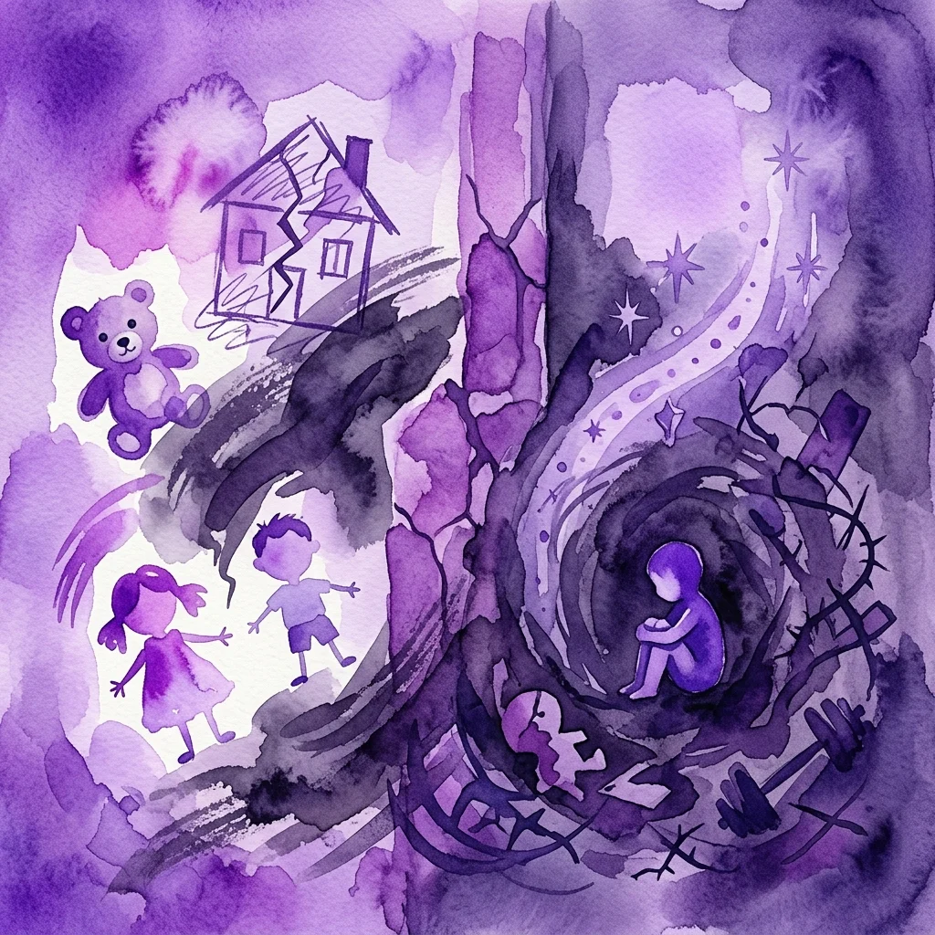 A watercolor artwork depicting childhood trauma and resilience, featuring a broken house, a teddy bear, children, and a solitary figure in a dark vortex, symbolizing emotional defense mechanisms and the transition from innocence to experience.