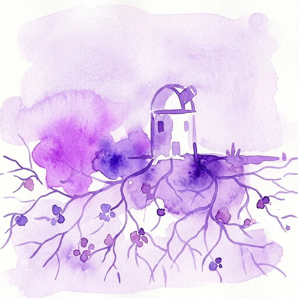 A watercolor illustration of a small observatory structure with roots extending beneath the surface, symbolizing underground ecosystems and interconnected life.