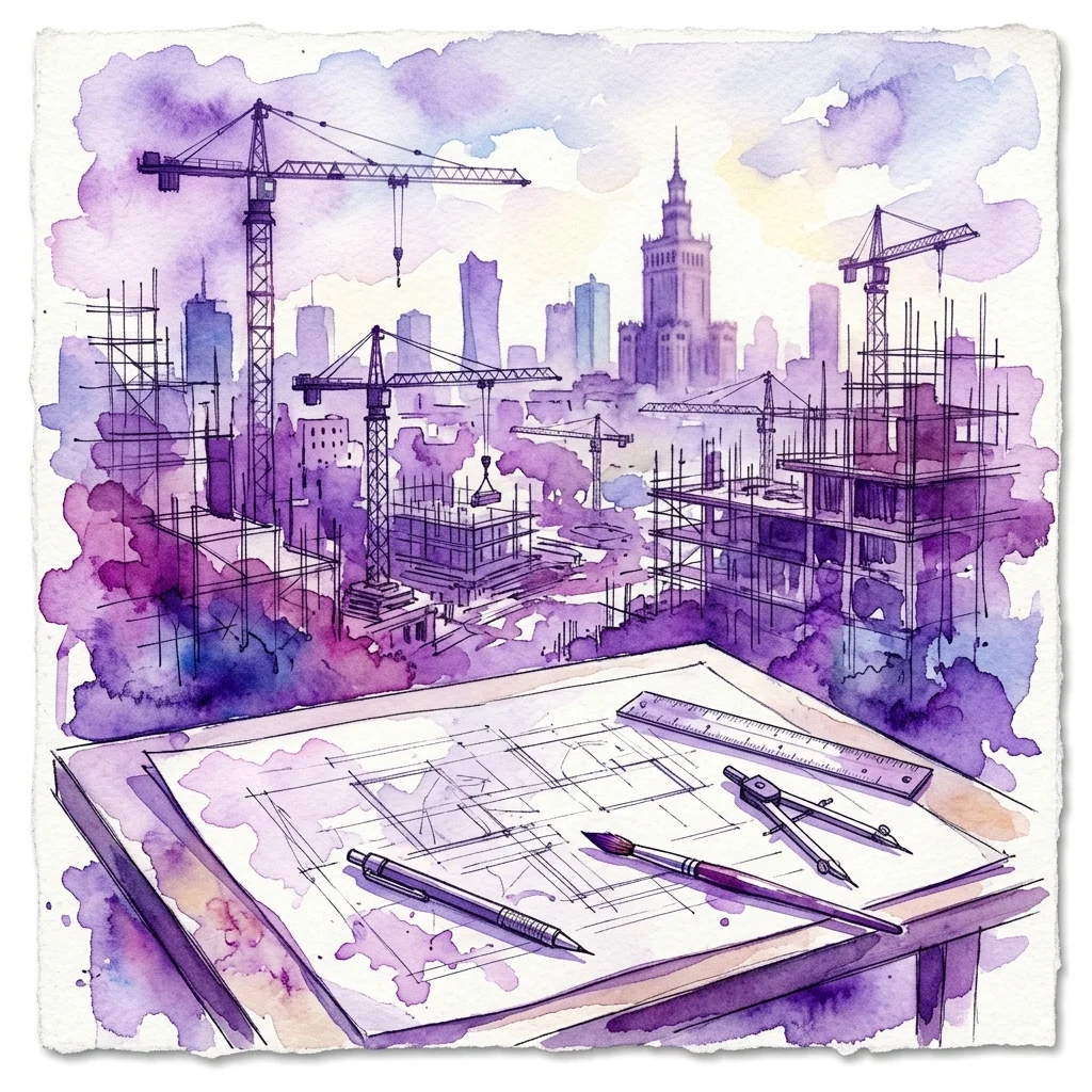 Ilustracja akwarelowa rozwoju urbanistycznego Warszawy z dźwigami budowlanymi, planami architektonicznymi i narzędziami projektowymi, symbolizująca wystawę 'Warsaw Under Construction' poświęconą zawodowi architekta.