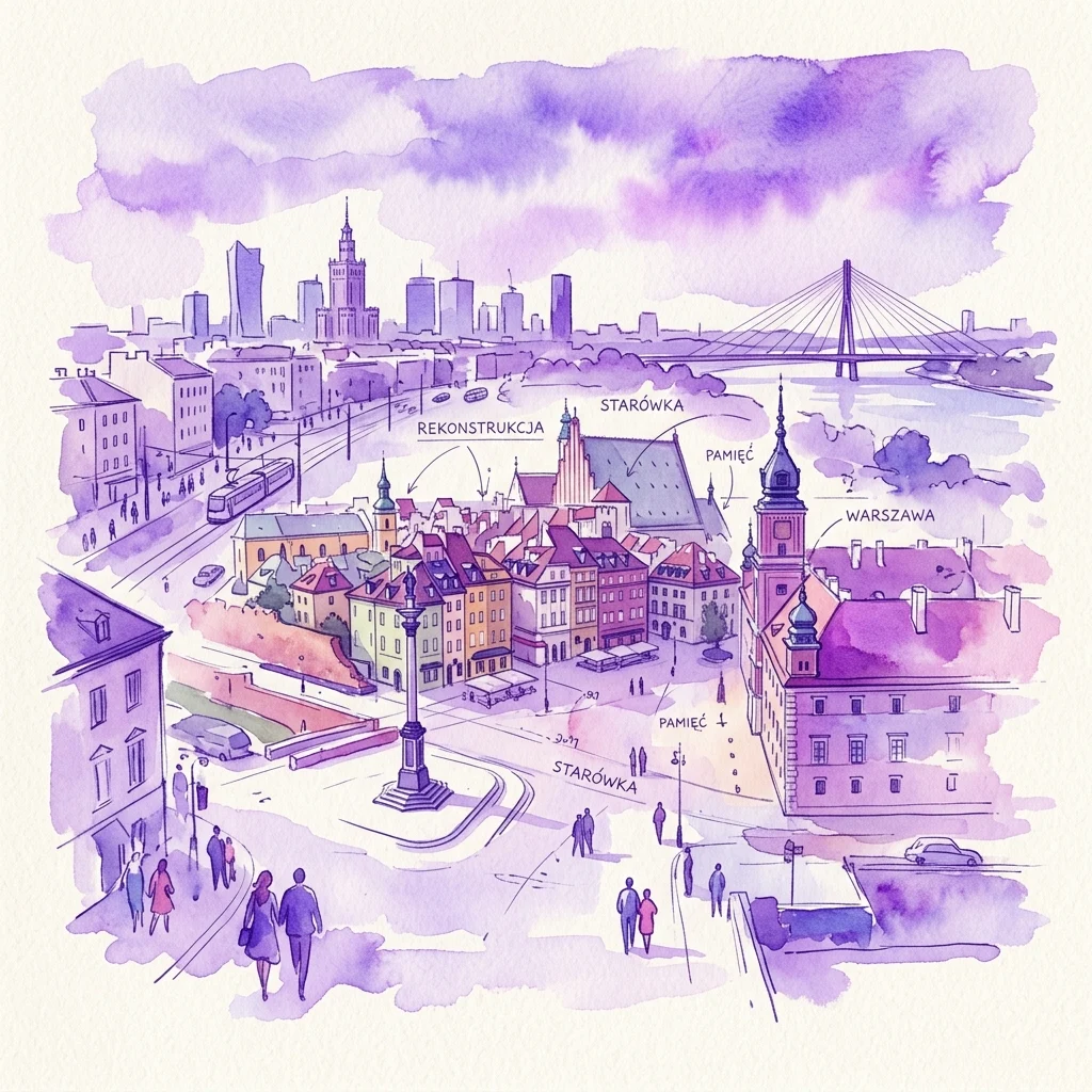 Ilustracja akwarelowa panoramy Warszawy, łącząca zabytkowe Stare Miasto (Starówka) z nowoczesną rekonstrukcją, opatrzona polskimi terminami takimi jak 'Rekonstrukcja' i 'Pamięć', przywołująca debatę na temat odbudowy miasta po II wojnie światowej.