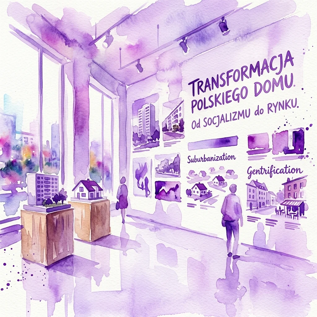 A watercolor illustration of an exhibition space with architectural models, historical photos, and text about the transformation of Polish homes from socialism to the market economy, featuring themes like suburbanization and gentrification.