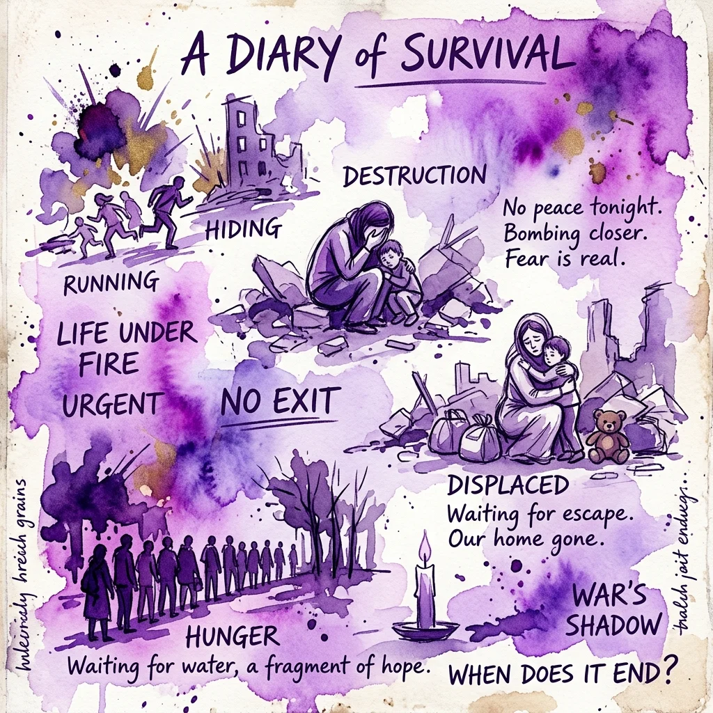 Una ilustración en acuarela titulada 'A Diary of Survival' que representa escenas de guerra, incluyendo personas corriendo, escondiéndose y sufriendo destrucción, desplazamiento y hambre, con superposiciones de texto que describen el peaje emocional y físico del conflicto.