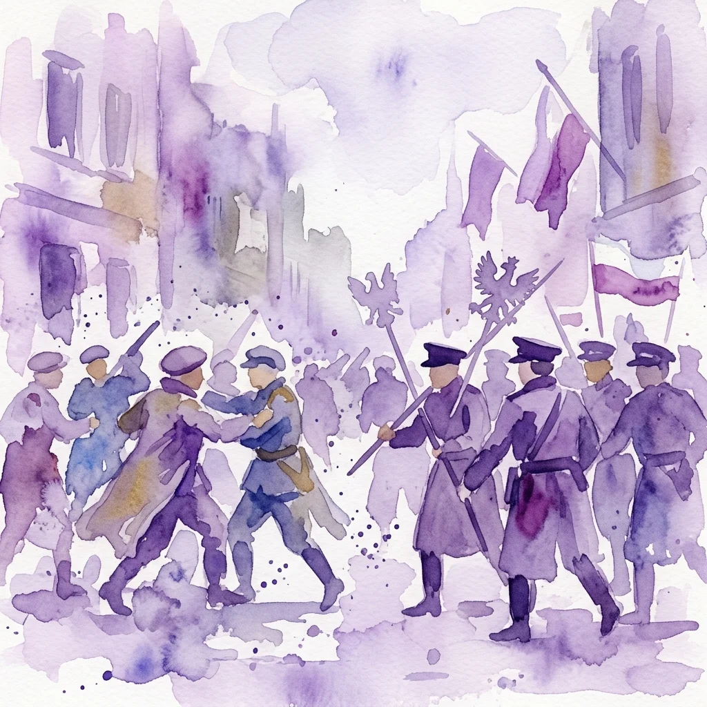 Ilustración en acuarela de revolucionarios polacos de 1905 en conflicto con las autoridades en calles urbanas, representando protestas históricas y agitación social en Wola y Varsovia.