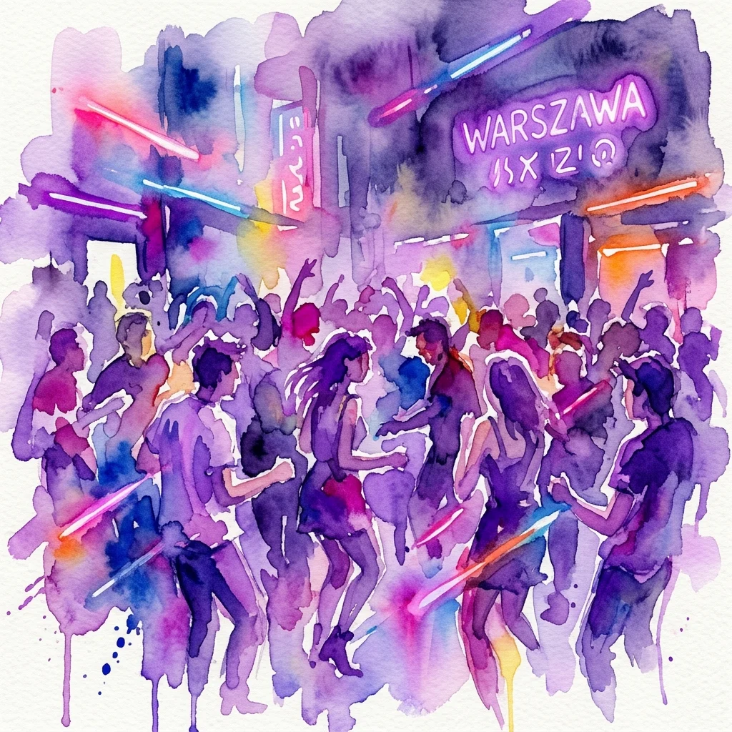 Żywa ilustracja akwarelowa przedstawiająca tańczący tłum w klubie, z neonami z napisem 'WARSZAWA' i 'SIX ZI@', oddająca euforyczną energię warszawskiej sceny klubowej po 1989 roku.