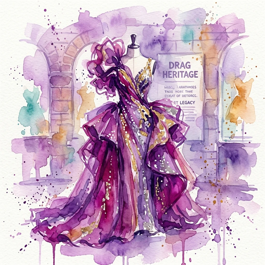 Żywy fioletowo-złoty kostium drag queen na manekinie, będący częścią wystawy 'Drag Heritage' upamiętniającej Kim Lee, najsłynniejszą drag queen Warszawy.