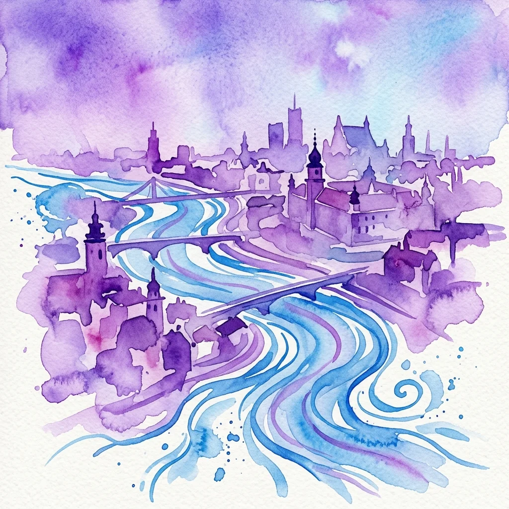 Ilustracja akwarelowa przedstawiająca historyczną panoramę Warszawy z płynącymi błękitnymi rzekami, symbolizującymi zapomniane warszawskie cieki wodne, takie jak Drna, Sadurka i Żurawka.
