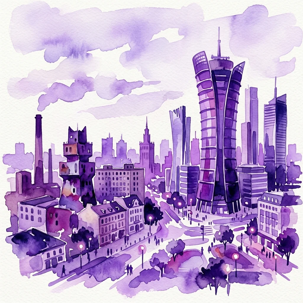 Fioletowa ilustracja akwarelowa warszawskiej Woli, ukazująca przejście od budynków przemysłowych do nowoczesnych wieżowców, takich jak Czarny Kot i Warsaw Spire, odzwierciedlająca transformację urbanistyczną po 1989 roku.